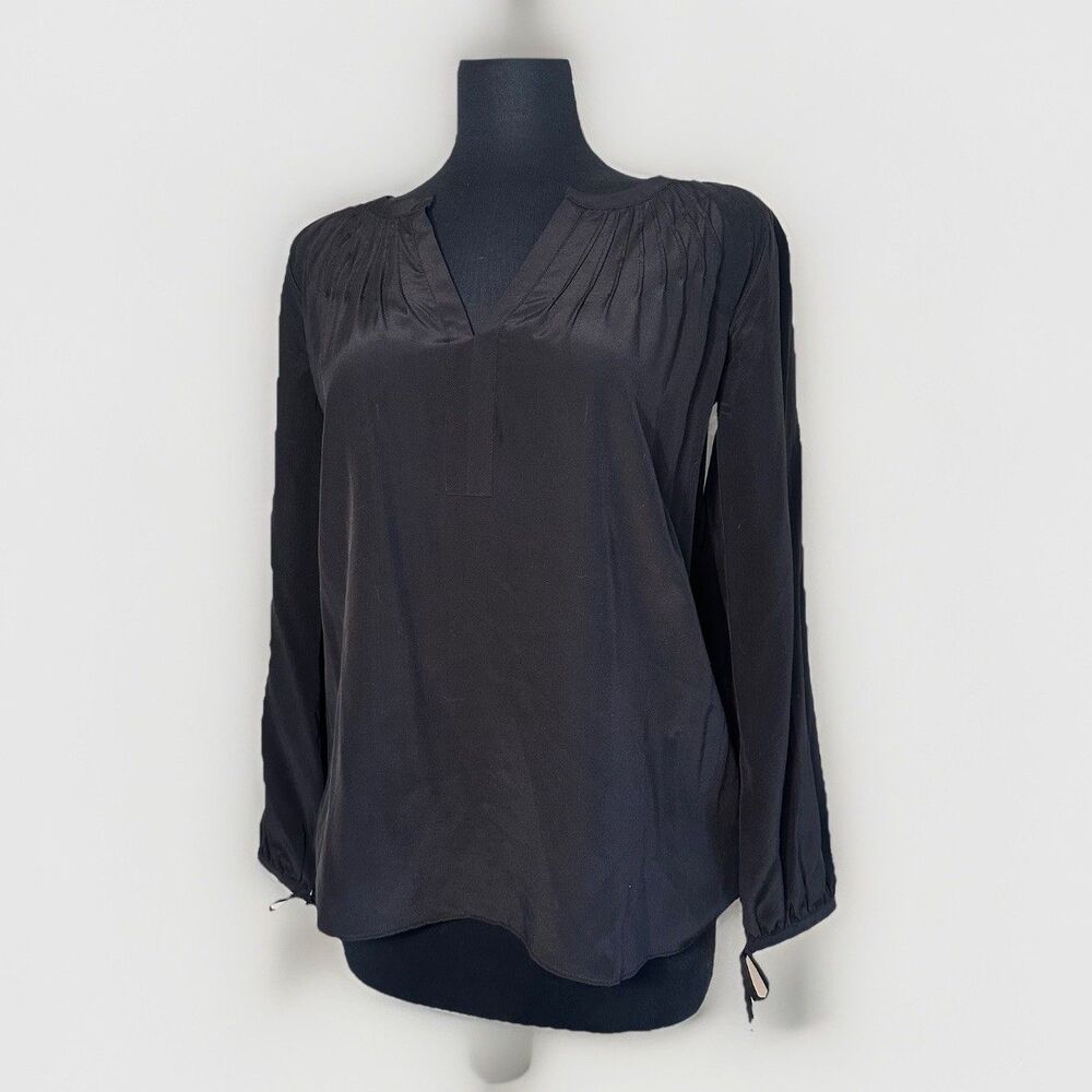 Lilly Pulitzer Silk Pintuck Tunic Blouse Black V-Neck Long Sleeve Womens S